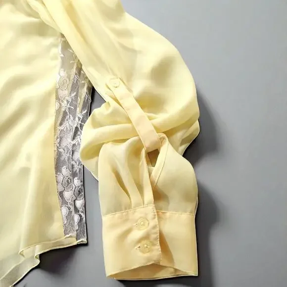 Candie's Y2K Romantic Lace Sheer Tie Front Button Tab Sleeve Top Butter Yellow M - Picture 2 of 10